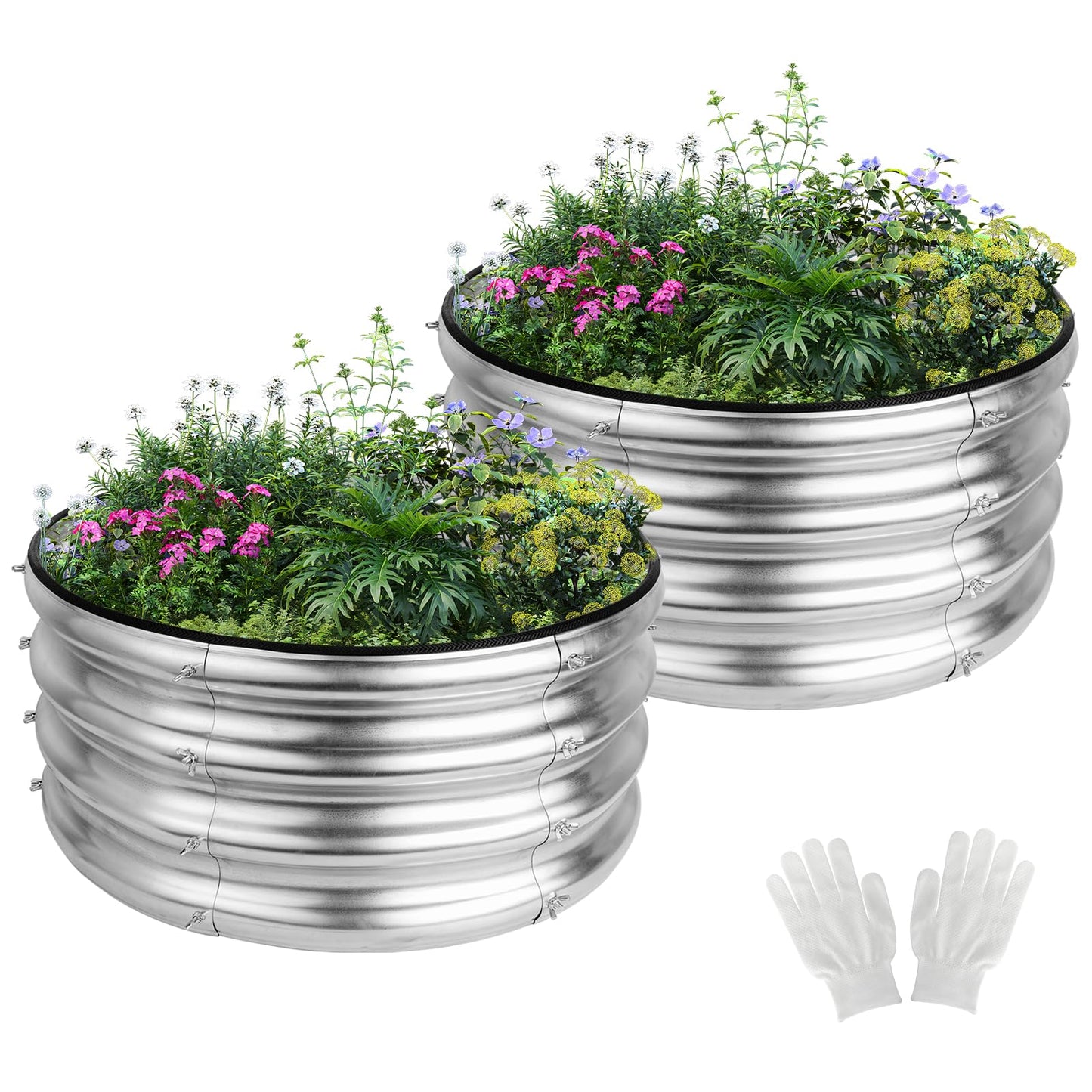 Liyarya 2 Pack 2x2x1ft Round Galvanized Raised Garden Bed Kits, Raised Garden Beds Metal Planter Outdoor Easy Assembly Garden Bed for Planting Vegetables, Fruits & Flowers, Sliver