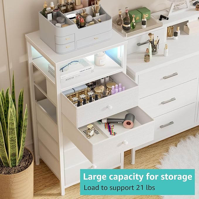 BOLUO White Dresser with 5 Drawers Tall Nightstand with Charging Station and
