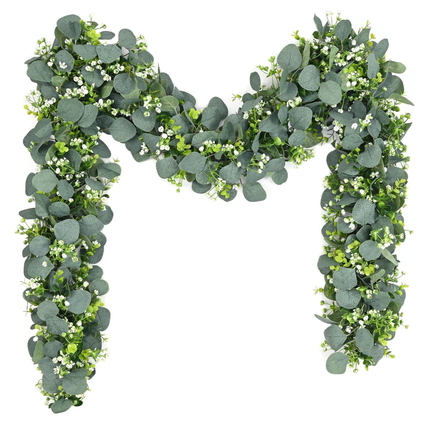 Waipfaru 2Pcs Eucalyptus Garland, 5.9FT Greenery Garland, Green Garland with Flowers, Artificial Faux Silver Dollar Eucalyptus Leaves Vines for Table Home Wedding Mantle Party Indoor Outdoor Decor