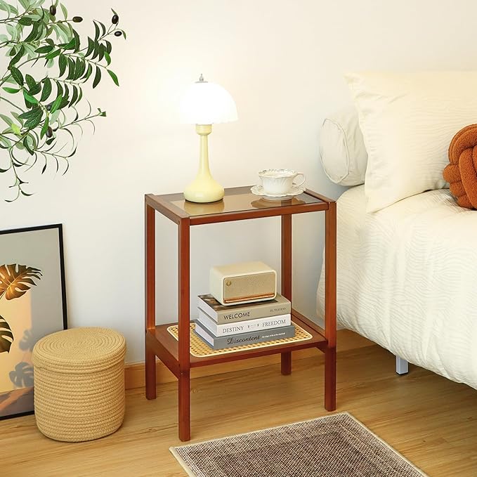 2-Tier Bamboo Side Table, Modern Glasstop Rattan Side Table, Mid Century Wood