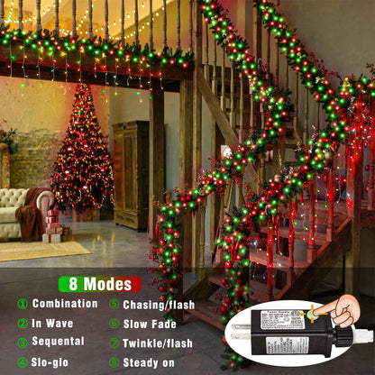 300 LED Christmas Lights Outdoor 100ft Extra Long Christmas String Lights 8 Modes Plug in Waterproof Fairy Lights with Timer Memory for Indoor Outside Bedroom Home Party Decoration, Red&Green