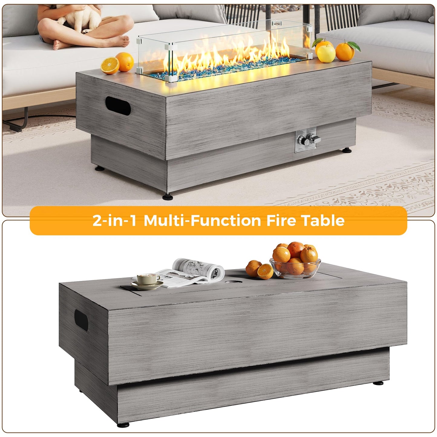 IRONCK 43-inch Outdoor Propane Fire Pit Table w Tank Table, CSA Certified, 2 in 1 Rectangular Patio Fire Pit w Glass Rocks, Wind Guard and Cover, 50000 BTU Outside Heater for Pool, Vintage Gray