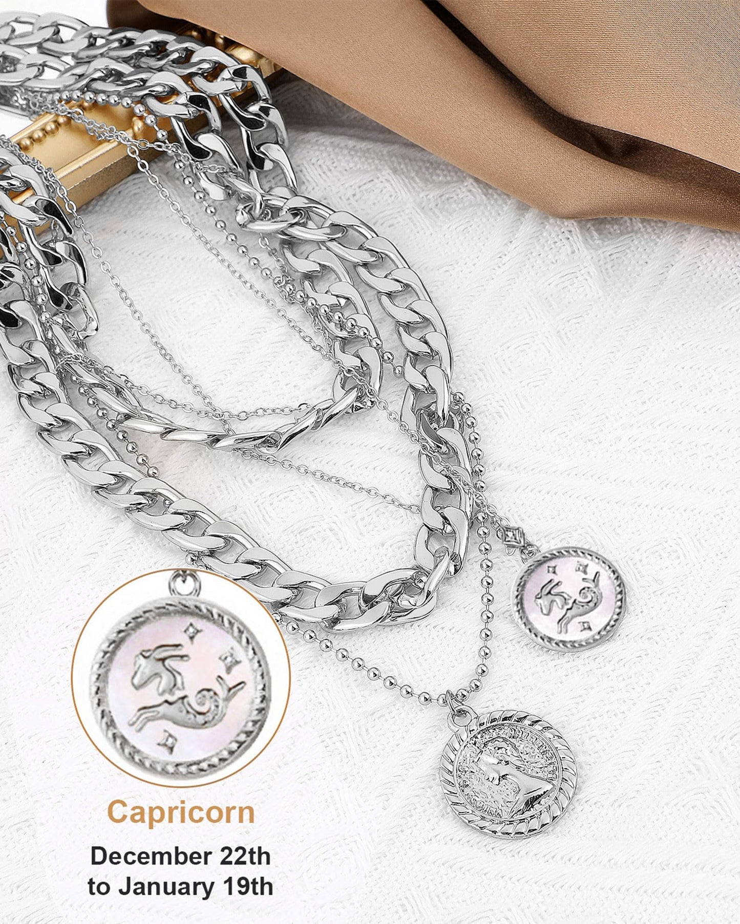 MJartoria Gold Layered Necklaces for Women Trendy Retro Coin Pendant Necklace Dainty Chunky Chain Choker Necklaces for Jewelry Birthday Gifts (Silver, Zodiac-Capricornus-3PCS Layered)