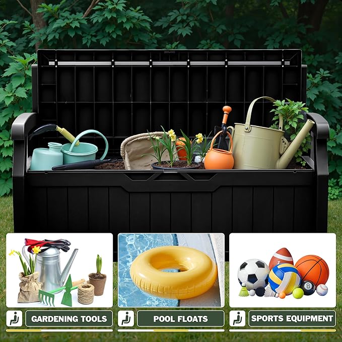 Flamaker 80 Gallon Storage Bench Outdoor Indoor, Durable All-Weather Seating with Hidden Storage, Lockable Deck Box for Garden, Patio, Poolside (Black)