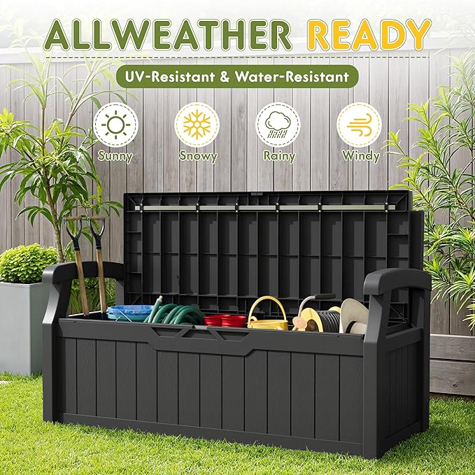 Greesum 80 Gallon Deck Box Storage Bench, Patio Furniture, Lockable, Waterproof and UV Resistant,with Armrest, Suitable for Garden, Porch, Poolside, Dark Black