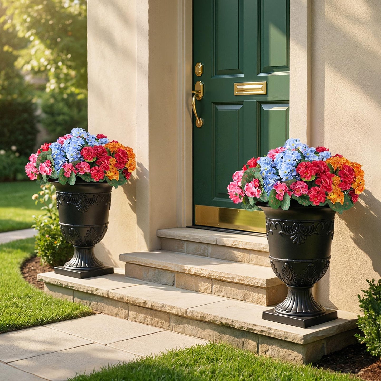 VeriNatural Classic Traditional Plastic Urn Planter, 15"x13" Flower Pots for Indoor Outdoor,Plant Pots for Porch Decor,Set of 2