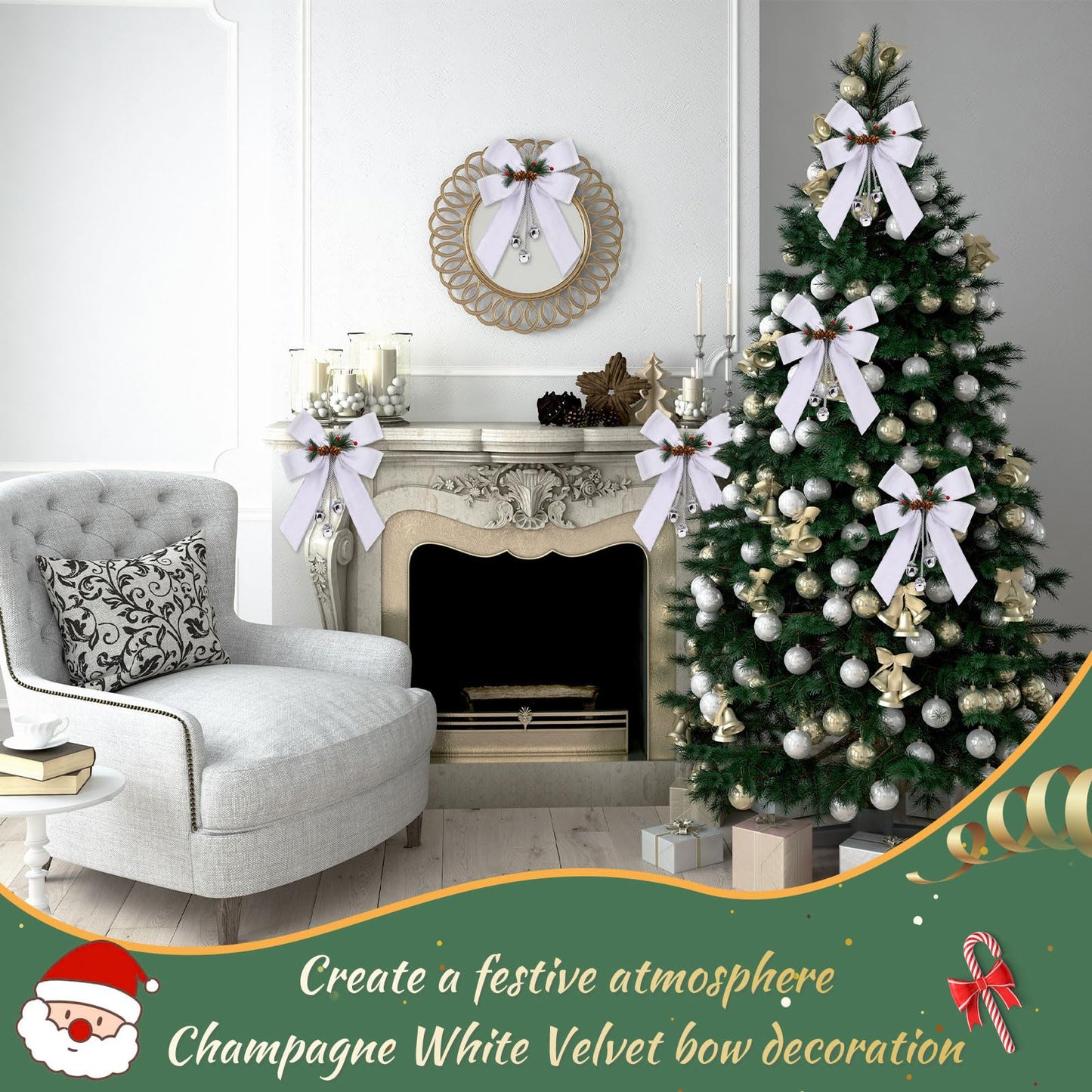 Yinkin Christmas Tree Wreath Bow Christmas Ribbon Bows with Bells 11 x 7.8 in Velvet Pine Cone Bowknot Xmas Tree Hanging Ornaments Decor for Home Xmas Party Outdoor Indoor(White,4 Pcs)