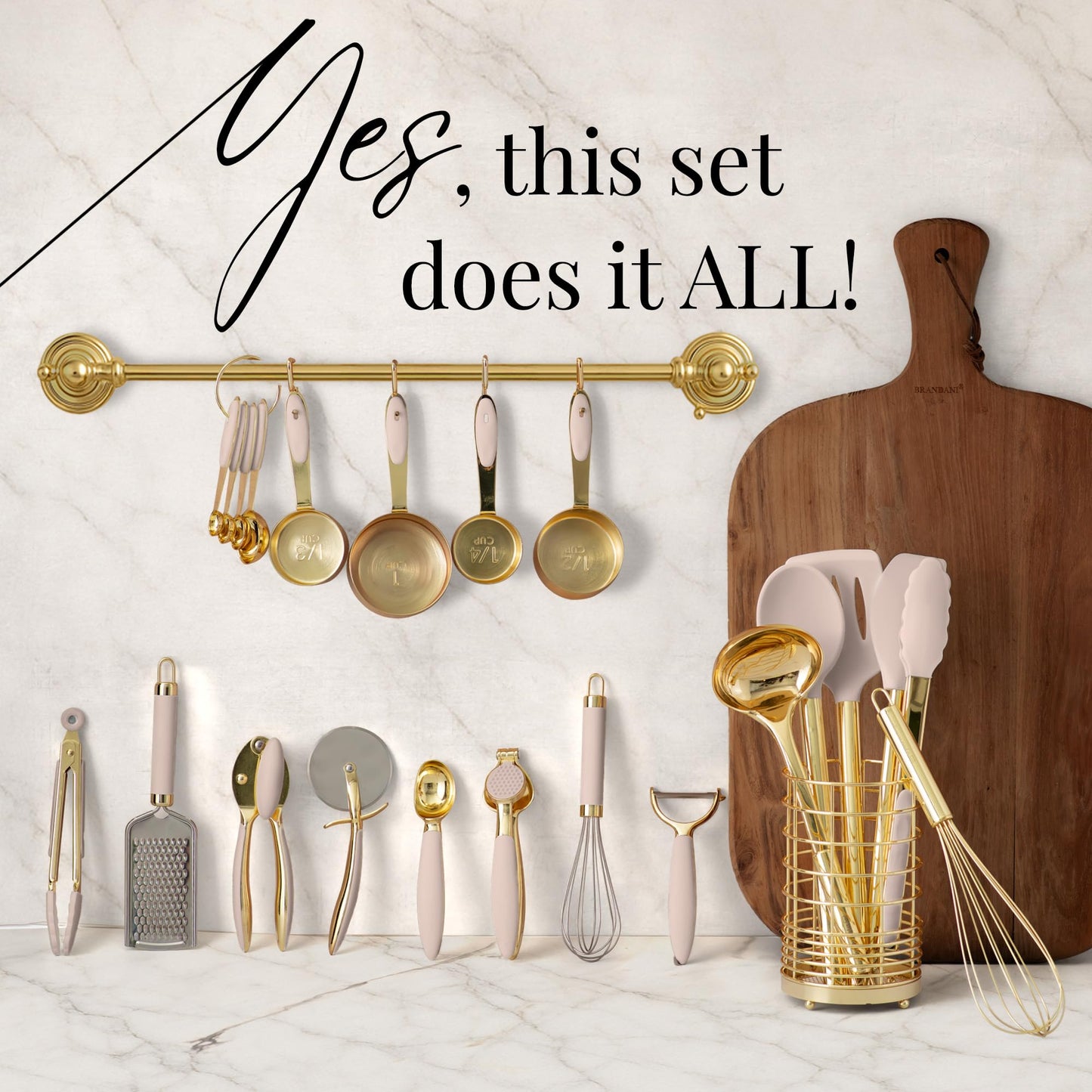 White & Gold Cooking Utensils Set - Luxe 8-Piece Kitchen Gadget Set Includes Can Opener, Tongs and Garlic Press - Stylish White and Gold Kitchen Accessories for Modern Kitchens, Ideal for Gifting