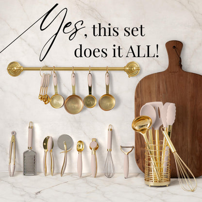 White & Gold Cooking Utensils Set - Luxe 8-Piece Kitchen Gadget Set Includes Can Opener, Tongs and Garlic Press - Stylish White and Gold Kitchen Accessories for Modern Kitchens, Ideal for Gifting