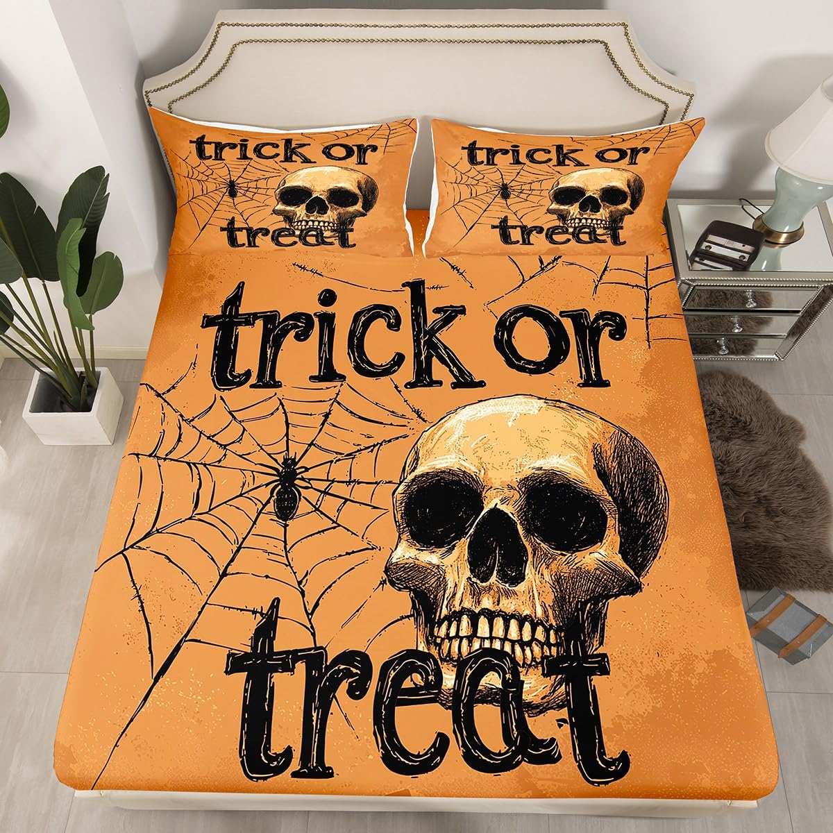 Feelyou Kids Halloween Bed Sheet Set Full Size, Trick or Treat Fitted Sheet Skull Decor Bedding Set Boys Girls Spider Web Teens Bedroom Decor Bed Set 3Pcs (No TOP Sheet)