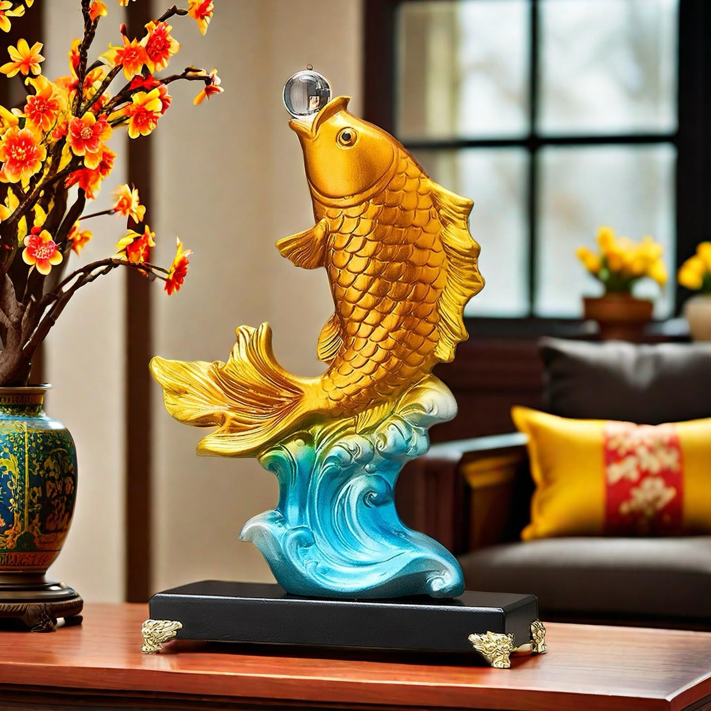 FUNSXBUG 13.3 Inch Large Chinese Feng Shui Fish Statue Sculpture Collectible Figurine Feng Shui Decor Home Office Decoration Tabletop Decor Ornaments Good Lucky Gifts (Gold)