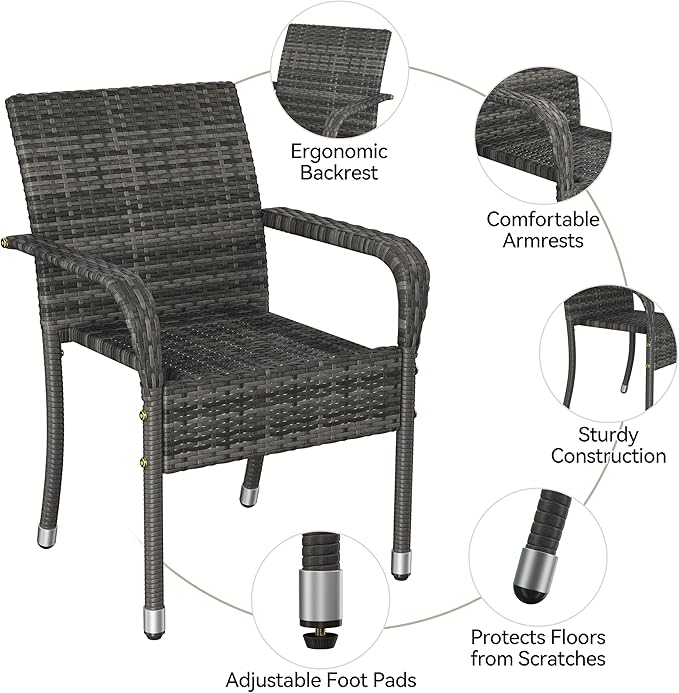 Yaheetech Set of 6 Stackable Outdoor Rattan Dining Chairs, All-Weather Armchair w/Armrests, Steel Frame for Garden, Patio, Deck, Yard, Poolside Gray