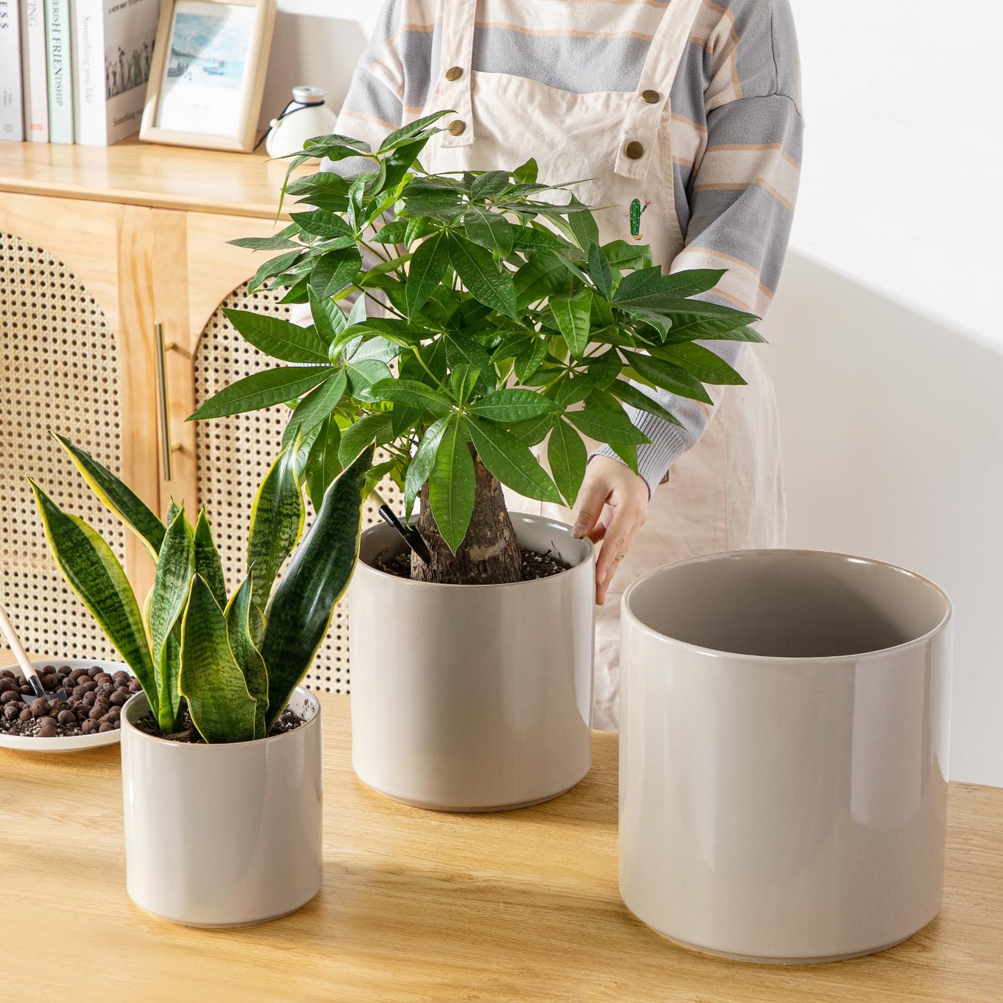 vancasso 6"+8"+10" Ceramic Pot for Plants, Large Outdoor Indoor Planter Pots with Drainage Holes, Set of 3, Grey