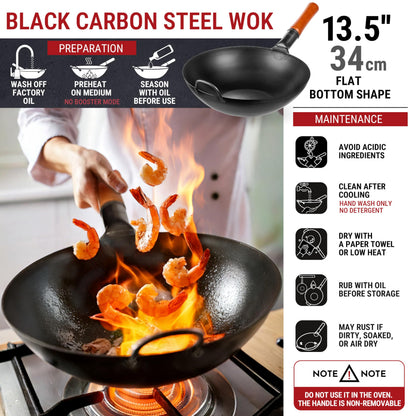 YOSUKATA 13.5" Carbon Steel Wok Pan + 17’’ Wok Spatula and Ladle + Stainless Steel Cutting Board 14.6x10 Inch