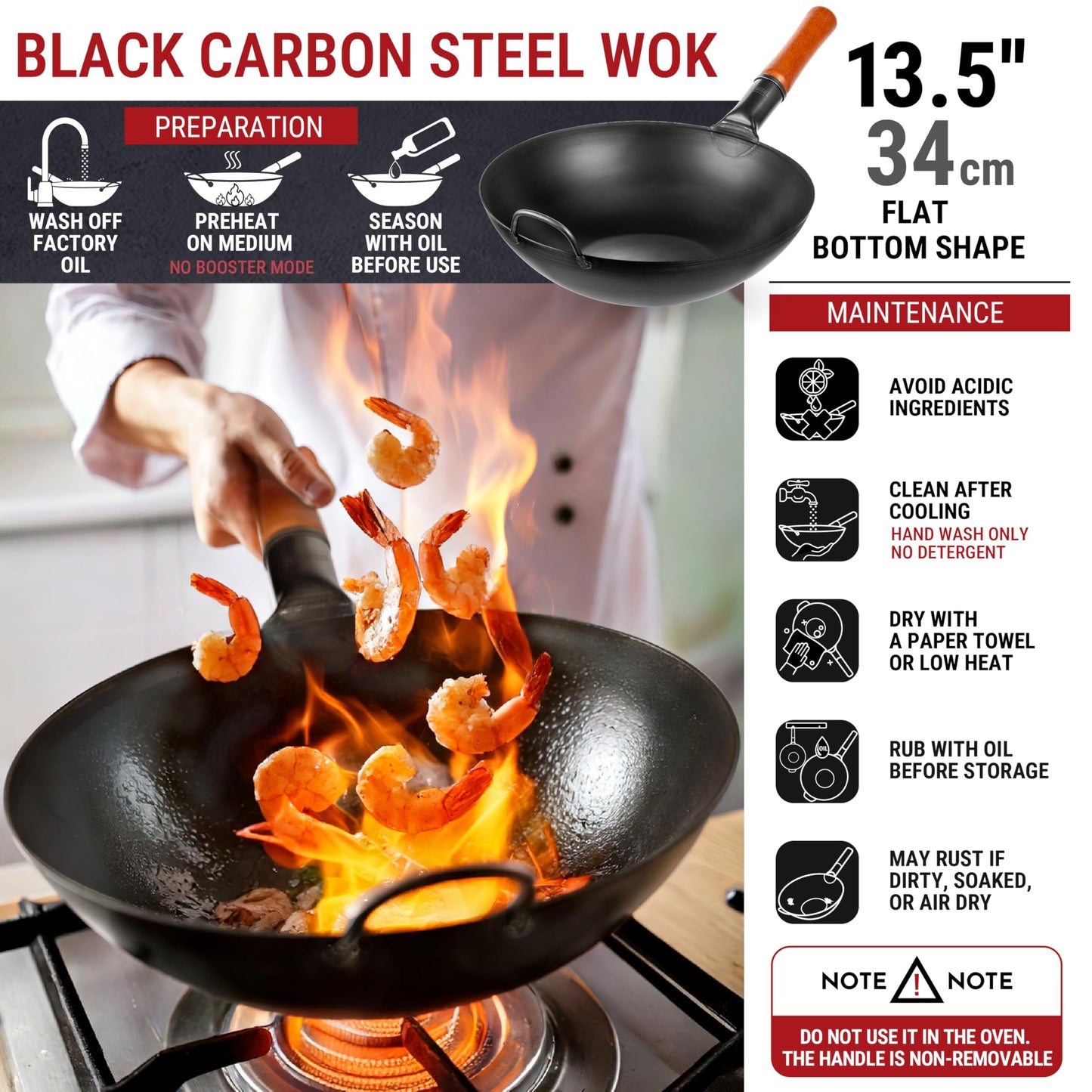 YOSUKATA 13.5" Carbon Steel Wok Pan + Premium Wok Cover 13.2" for Wok 13.5" + Stainless Steel Cutting Board 14.6x10 Inch