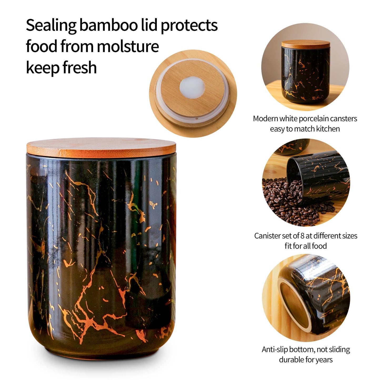 Tenforie Ceramic Canister Set with Bamboo Airtight Lids, 3-Piece Kitchen Storage Jars (48oz, 30oz, 12oz) – Black with Gold Marble Pattern, Glossy Finish, for Coffee, Sugar, Flour & More