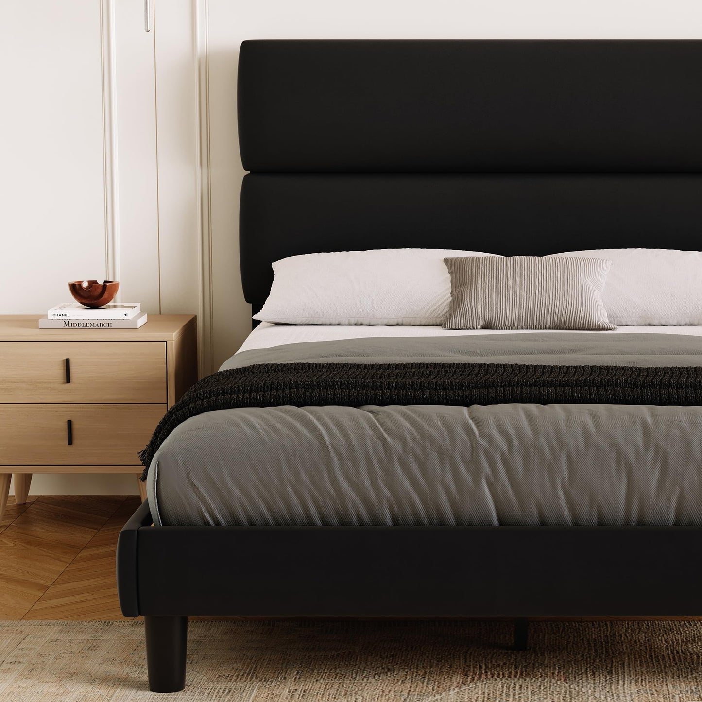 GRUSIGN Full Size Platform Bed Frame with Velvet Headboard, Adjustable Height Wooden Slats Support, Upholstered Mattress Foundation, Fits Mattress or Mattress with Box Spring, Easy Assembly, Black