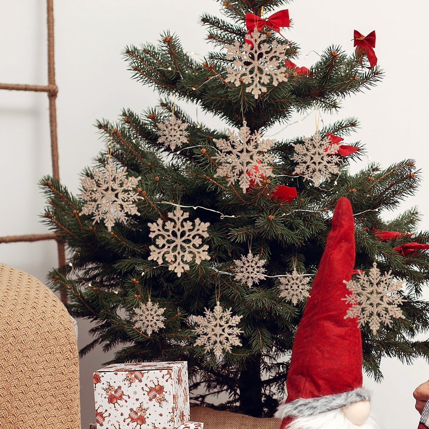 36 Pack Champagne Snowflake Ornaments Plastic Glitter Snow Flakes Ornaments for Winter Christmas Tree Decorations Size Varies Craft Snowflakes