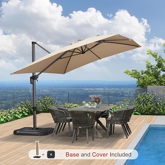 PURPLE LEAF 9'×11.5' Cantilever Patio Umbrella with Base Rectangle Offset Outdoor Umbrella Cover with Zipper for Garden Deck Pool Beige