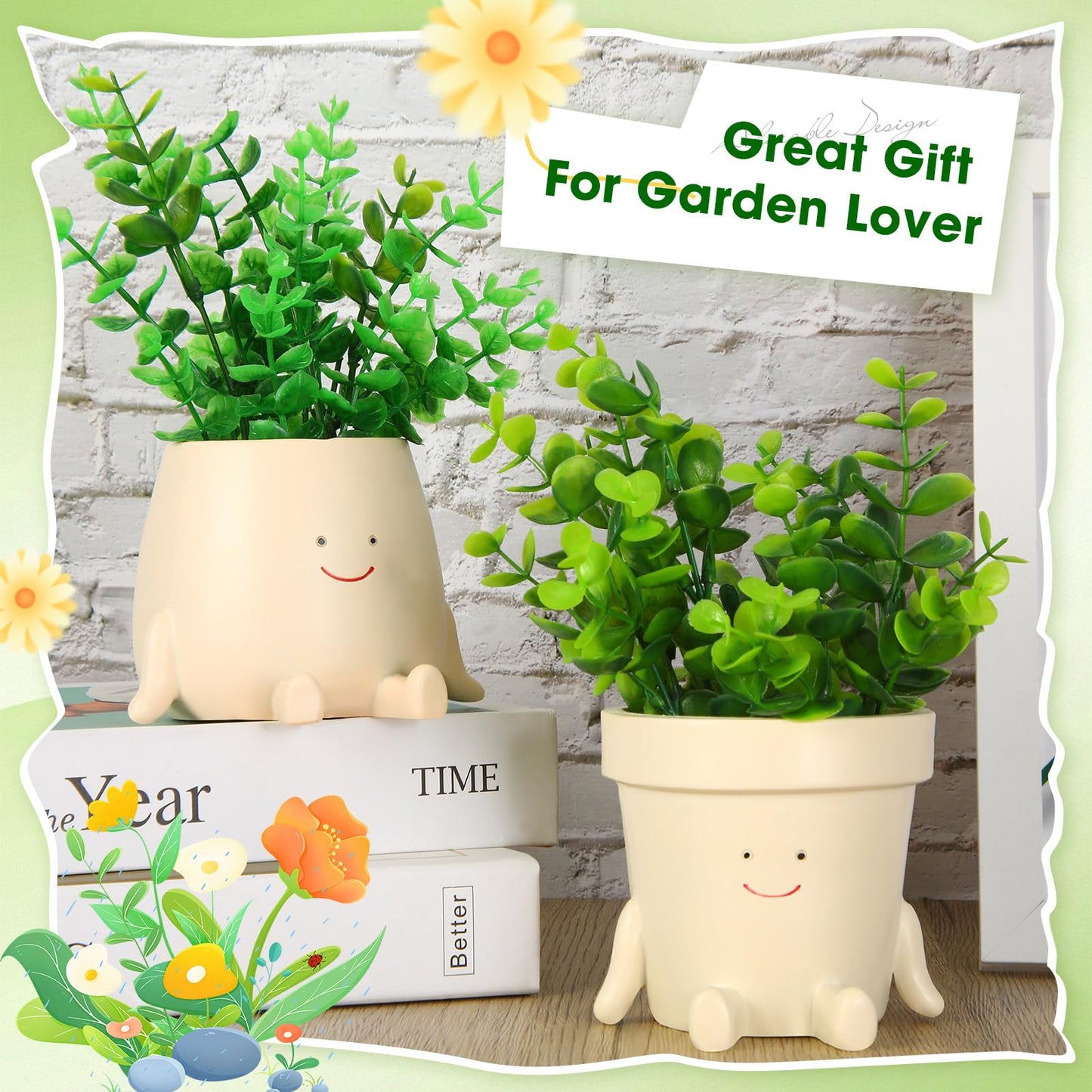Nuogo 2 Pieces Cute Plant Pots Face Resin Succulent Flower Pot Indoor Head Planters Fun Novelty Planters with Drainage Legs Out for Christmas Plant Lover Gardening Gift Outdoor(Classic, Cup Style)