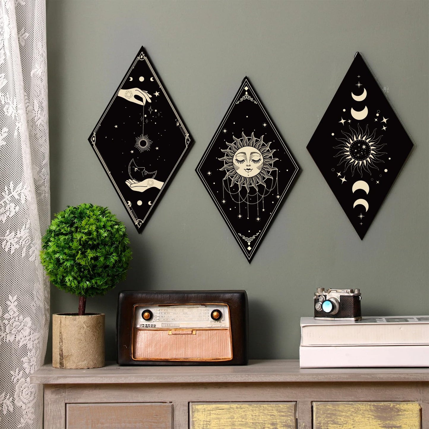 Sintuff 6 Pieces Gothic Wall Decor Boho Sun Moon Phases Wall Art Gothic Minimalist Stars Sun Hanging Wooden Home Decor Farmhouse Pediments for Gallery Living Bedroom Room(Boho)