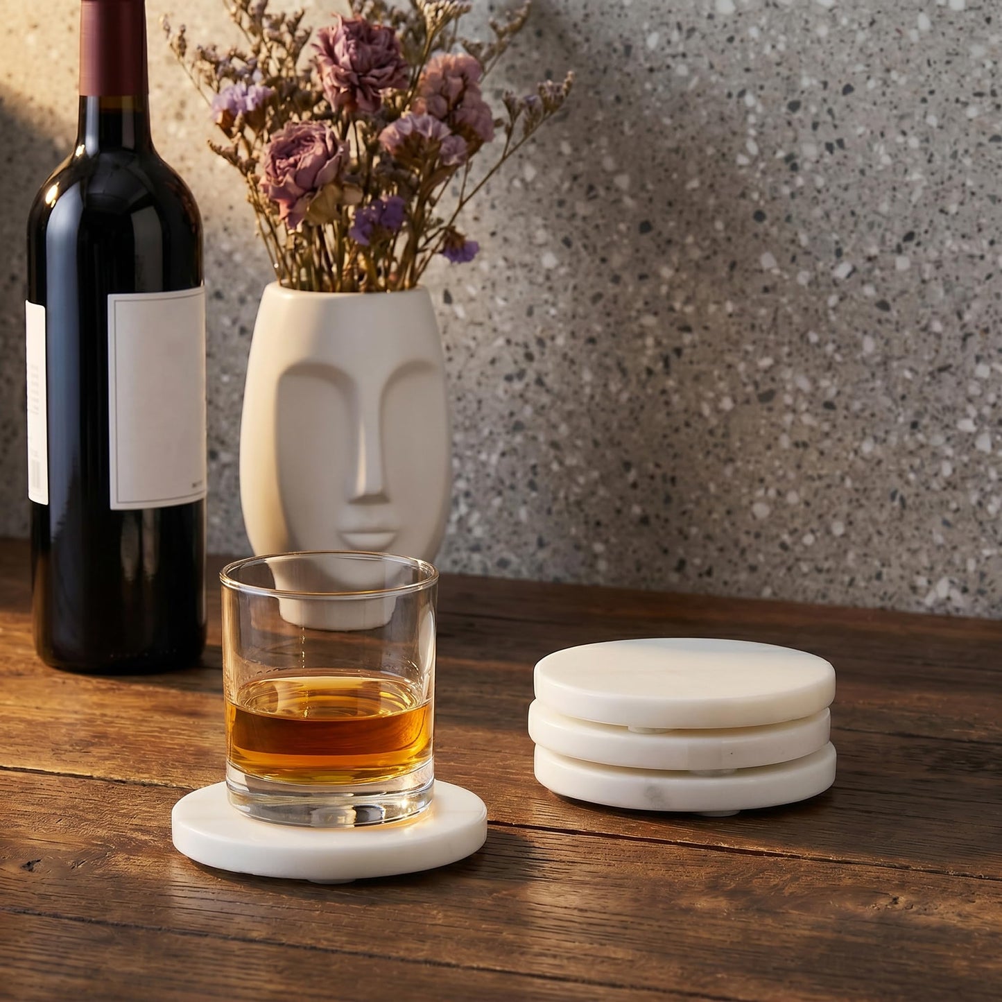 Marble Coasters Set of 4, 4-inch Round Natural Stone Drink Coasters with Non-Slip Backing, Heat Resistant Coaster for Coffee Bar Home Kitchen Decor, Ideal Housewarming Wedding Gifts(Arabescato)