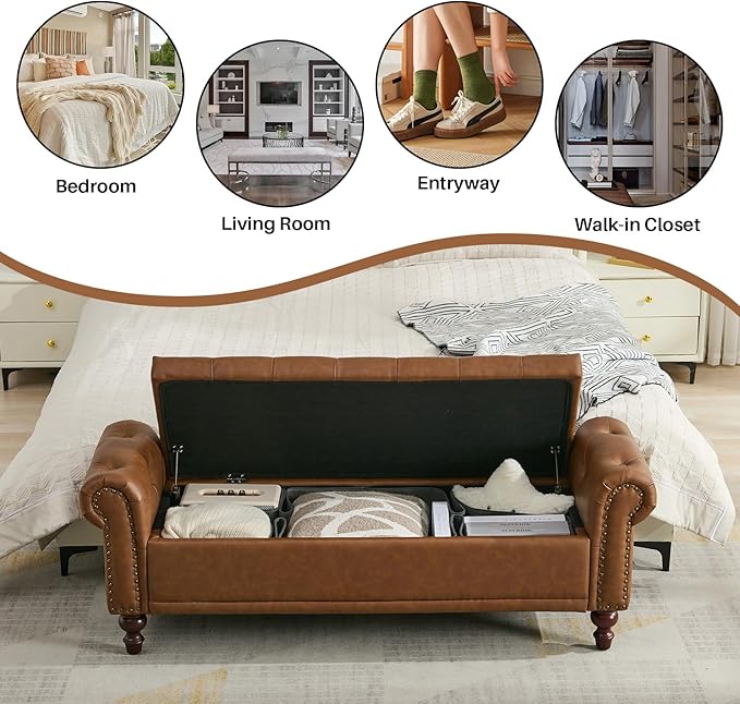 SOFTHION 58.1" Storage Bench Upholstered PU Leather End of Bedroom Bed Bench