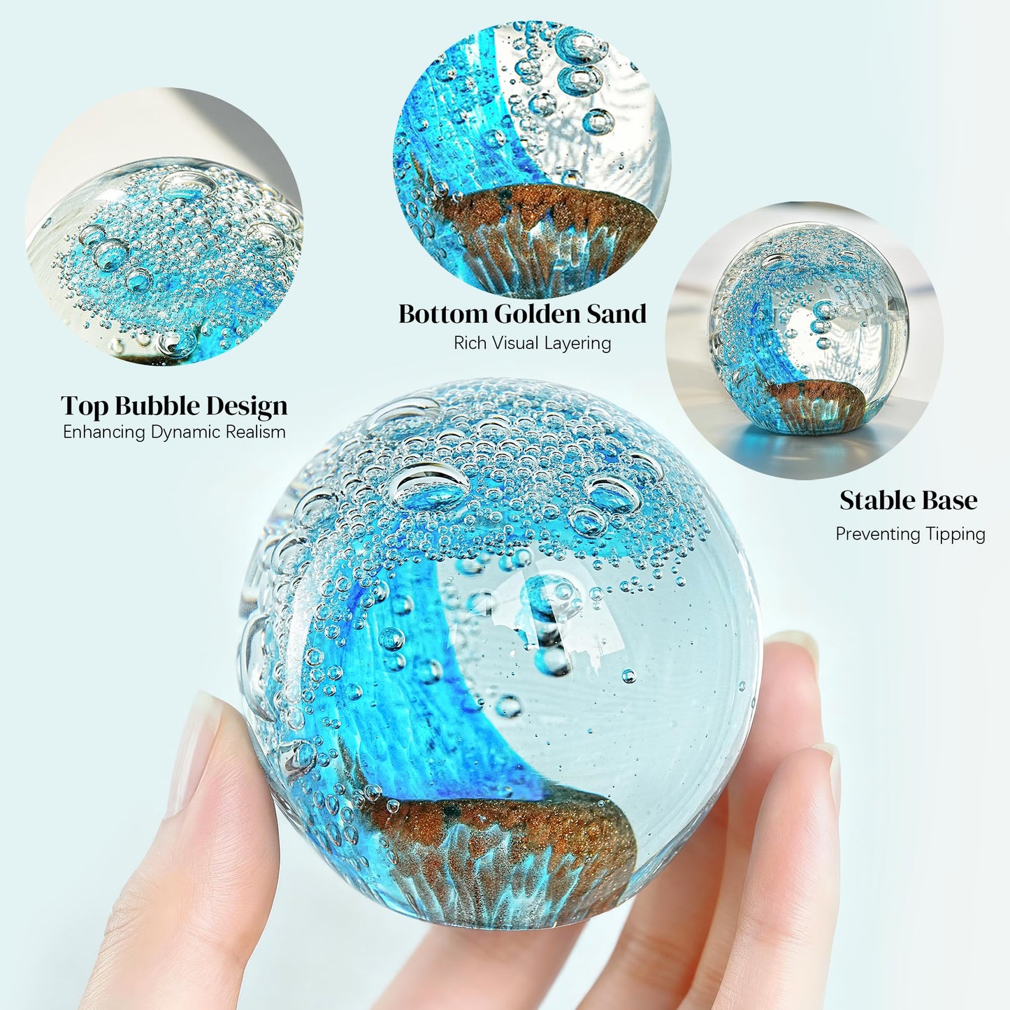 H&D HYALINE & DORA Hand Blown Glass Ocean Waves Ball Paperweight Decorative Home Office Decor Glass Art Collectible Crystal Ball Paperweight Ideal for Ocean Lovers(2.3Inch)