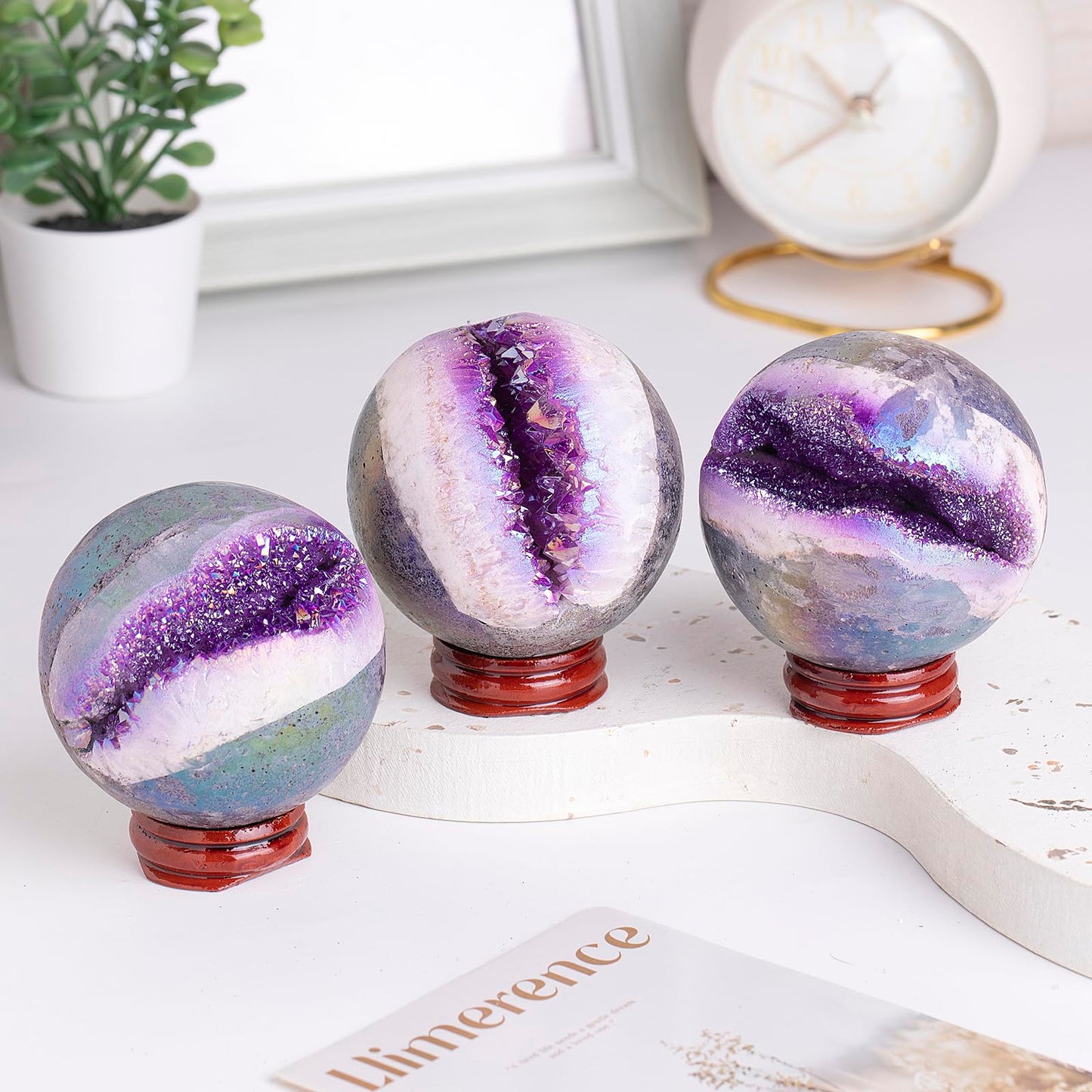 Sportmusies Titanium Coated Rock Crystal Geode Ball with Wooden Stand, Druzy Quartz Stone Cluster Sphere Reiki Home Office Decoration, Purple