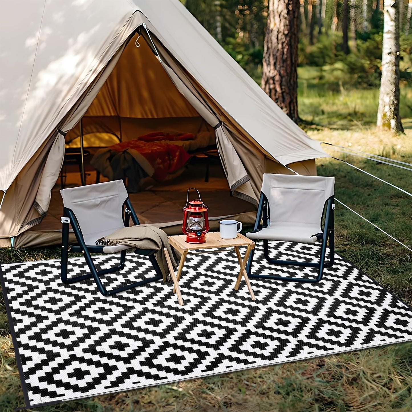 OLANLY Waterproof Outdoor Rug 9x18 ft, Outdoor Plastic Straw Rug for Camping, RV Mat Outside, Indoor Outdoor Carpet for Porch, Deck, Backyard, Balcony, Picnic, Black & White