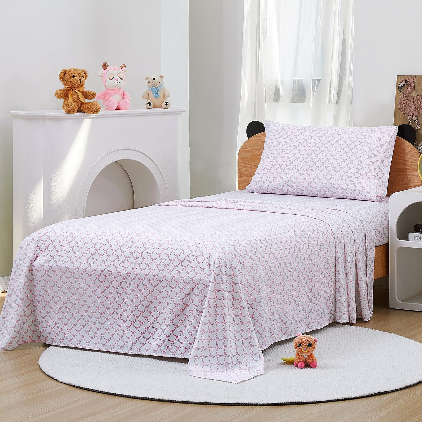 Softan Kids Bed Sheet Set, Girls Full Size Kids Sheets, Microfiber Fitted Sheet and Pillowcase, Breathable and Silky Soft, 4 Piece Pink Bowknot Printed Full Bed Sheet