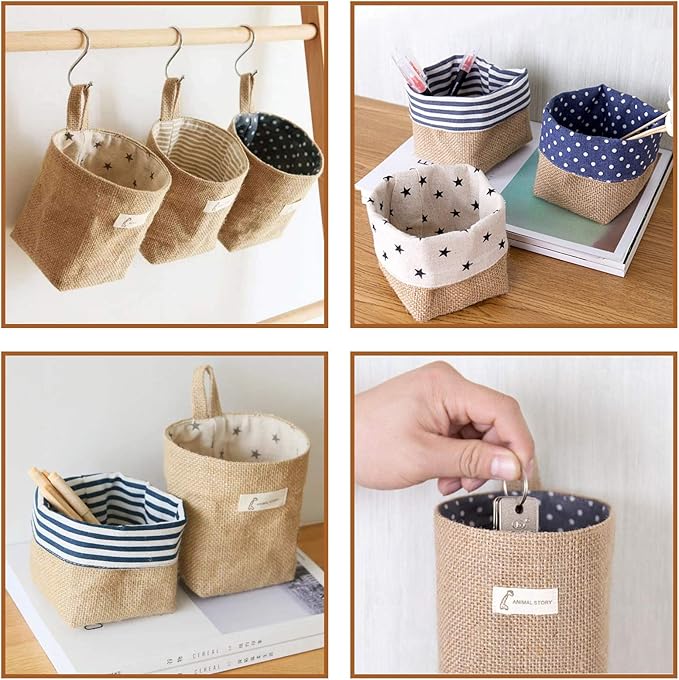 Foraineam 6 Pack Mini Hanging Storage Bag Cotton Linen Decorative Wall-Hanging