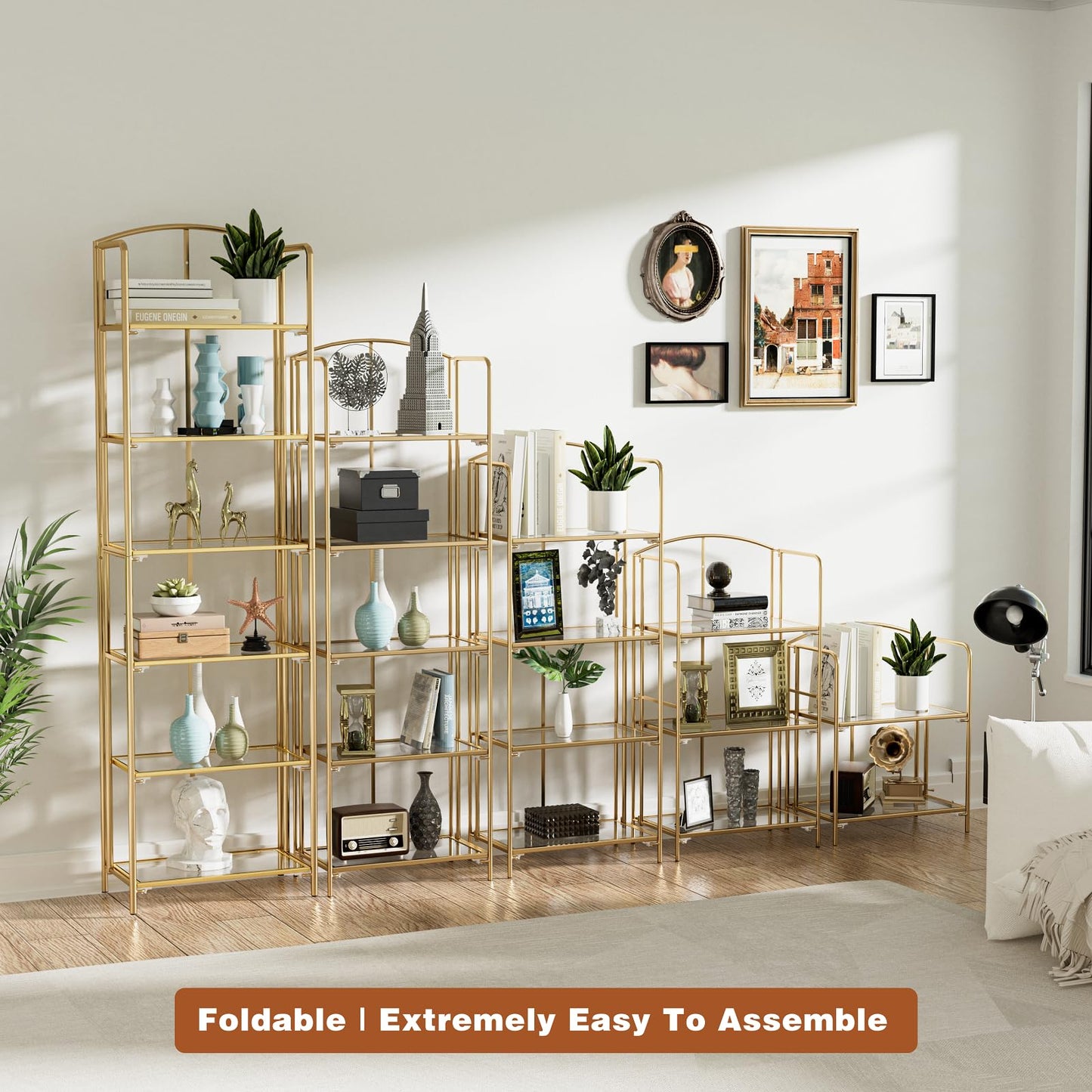 Crofy 5-Tier Foldable Bookshelf, Gold Frame & Transparent Shelves