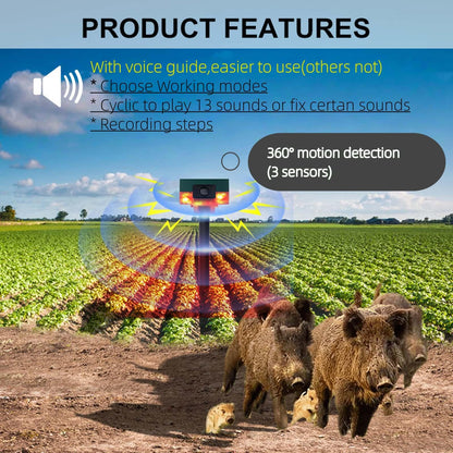 HULPPRE Solar Outdoor Motion Sensor Alarm-Dog Barking&Gunshot Sound,Support Recording,130db Loud Noise Maker,13 Kinds of Sound Strobe Light with USB,Say Goodbye to The Intruders