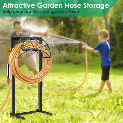 TomCare Garden Hose Holder Heavy Duty Water Hose Holder Holds 160 FT Hose 4 Spikes Hose Reel with 2 Tool Hooks Freestanding Hose Hanger Sturdy Hose Storage Stand for Outside Yard Lawn, Black