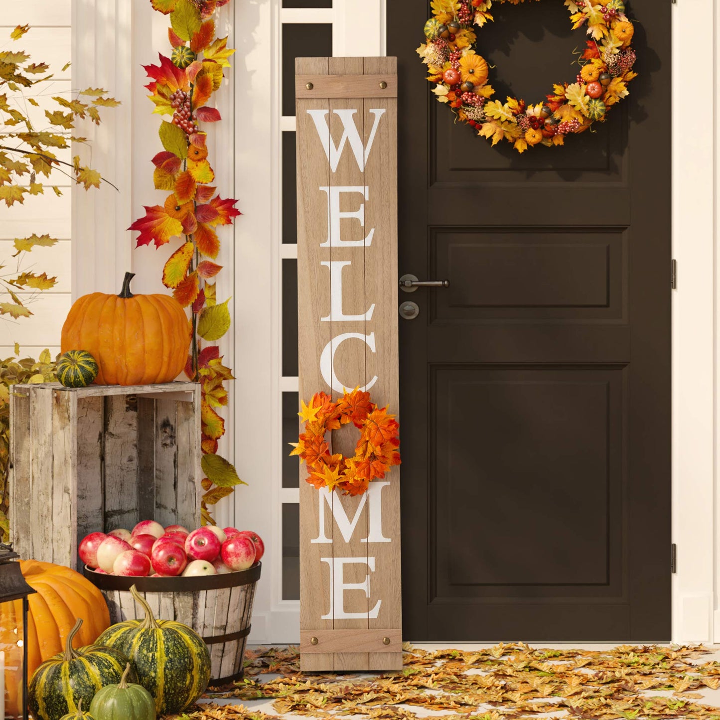 Glitzhome 60”H Welcome Sign with 4 Interchangeable Floral Wreaths for Front Door Porch Farmhouse Wooden Hanging Wall Sign for Seasons Spring Fall Harvest Thanksgiving Christmas