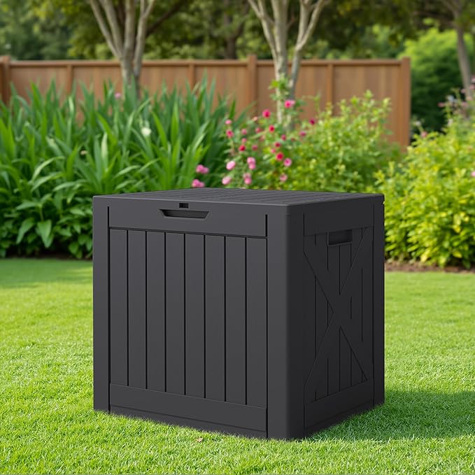 JUMMICO 42 Gallon Deck Box Waterproof, Resin Outdoor Storage Box with Side Handles, Outdoor Storage Benches Lockable for Patio Cushions and Garden Tools (Black)