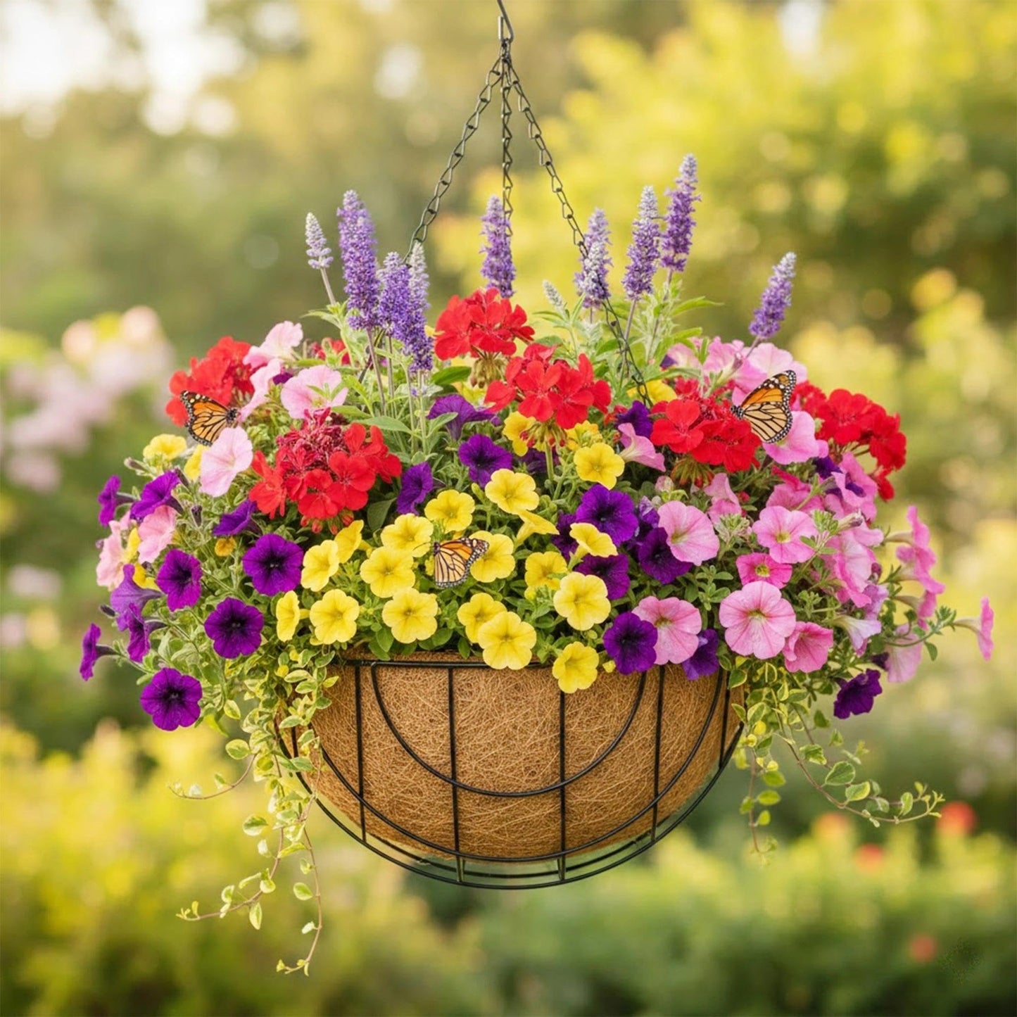 GYATSOCYG 4 Pack 14 Inch Metal Hanging Planter Basket，Natural Round Coconut Hanging Plant Flower Pot，Coconut Coir Planter for Hanging Basket Flowers/Vegetables Home Garden Patio Decoration Earth