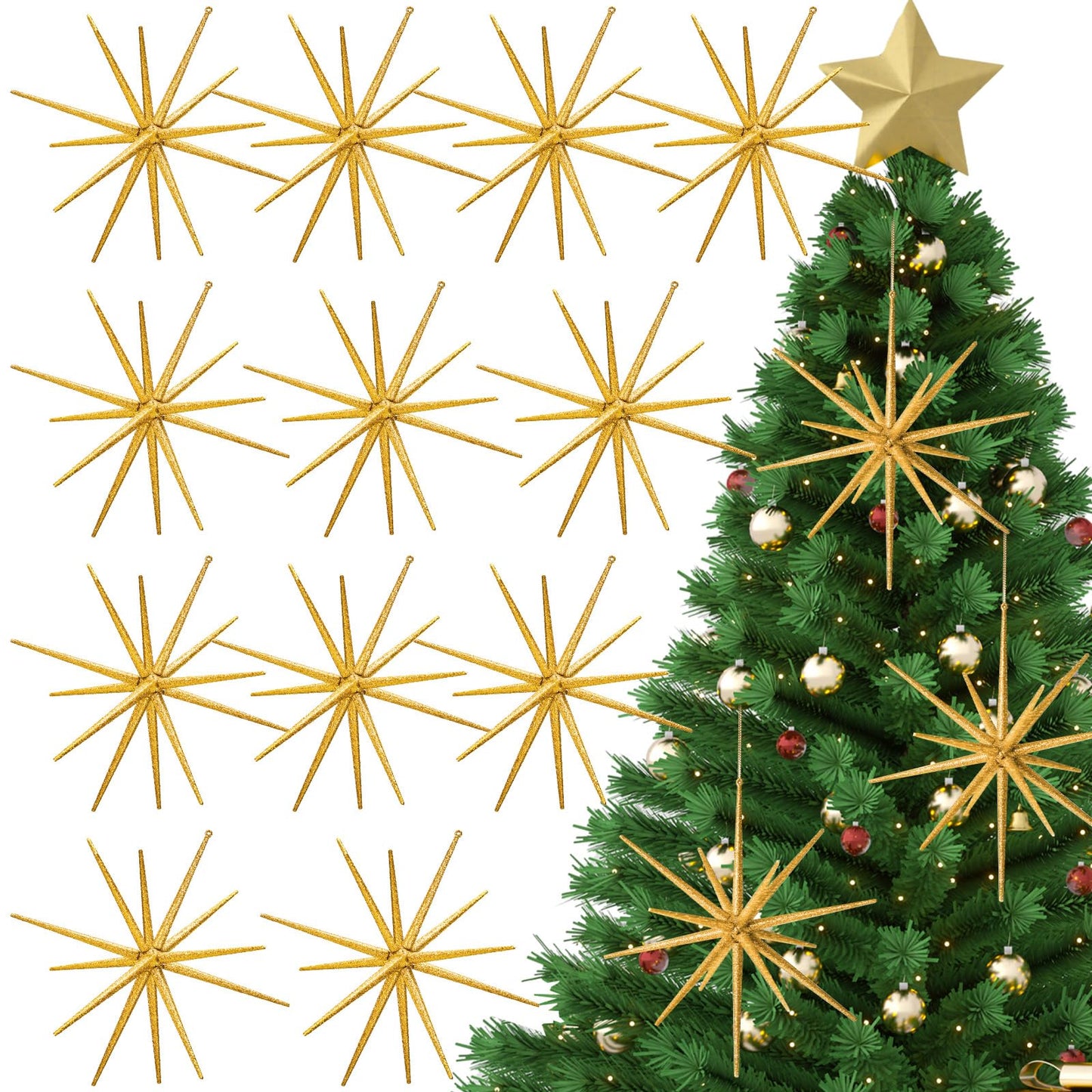 Syhood 12 Pcs Glitter Starburst Christmas Ornament 8 Inch Diameter Star Hanging Tree Ornaments Holiday Tabletop Decorations Christmas Party Decor Xmas Gifts(Gold)