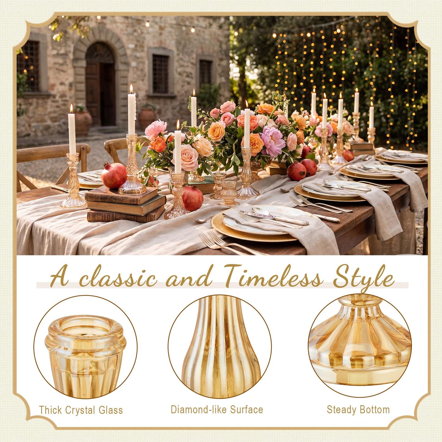 Mumufy 12 Pcs Glass Crystal Taper Candle Holders Gold Glass Candlestick Holder Fit 0.8 Inch Gold Ribbed Taper Candlestick Holders Centerpiece Table Wedding Party