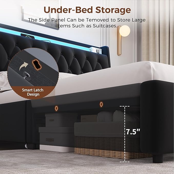 Full LED Velvet Bed Frame with 2 Storage Drawers&Hidden Headboard, Upholstered