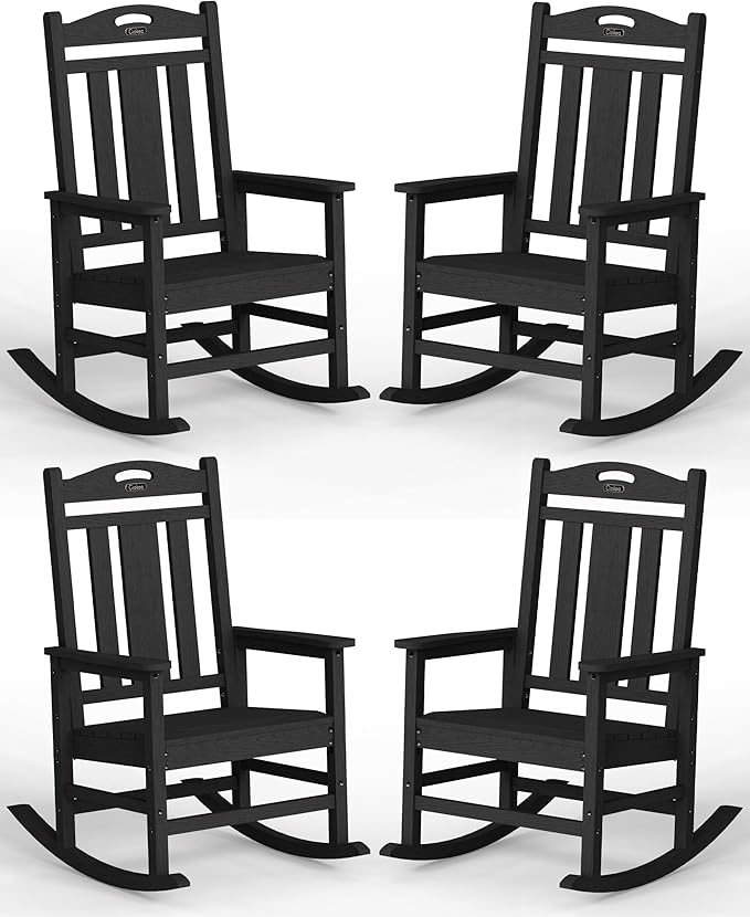 Ciokea Oversized Outdoor Rocking Chairs Set of 4, 380lbs Heavy-Duty Large Patio Rocker, High Back Cozy Porch Chairs, Weather Resistant Patio Rocking Chairs for Outside, Fire Pit, Deck, Black
