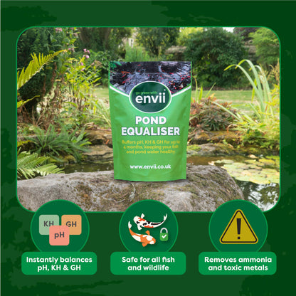 Envii Pond Equaliser – Pond pH Buffer Instantly Balances, and Stabilises pH, KH and GH Levels, Pond Ammonia Remover, Works All Year Round Through Winter - 250g