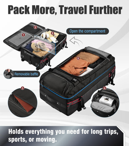 100L Extra Large Rolling Duffel Bag with Wheels and Handle – 33" Heavy-Duty 1600D PVC Checked Luggage for Business Travel and Men’s Week-Long Trips, Foldable Base Design