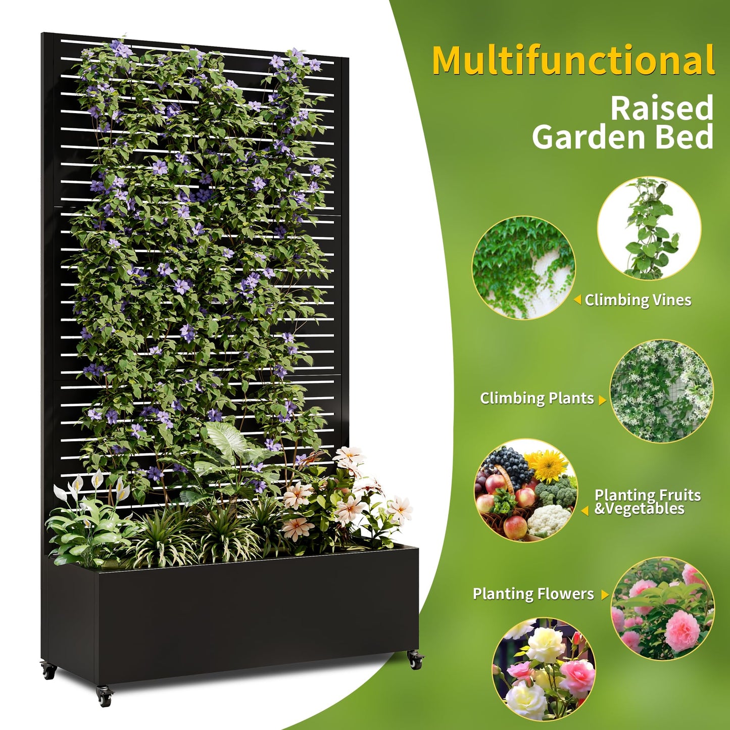 Beuiosda Metal Planter Box with Trellis Privacy Screen, Raised Garden Bed with 4 Wheels, Privacy Planters for Patio, Planter Box with Drainage Holes for Climbing Plants, Vegetables (Rectangle)