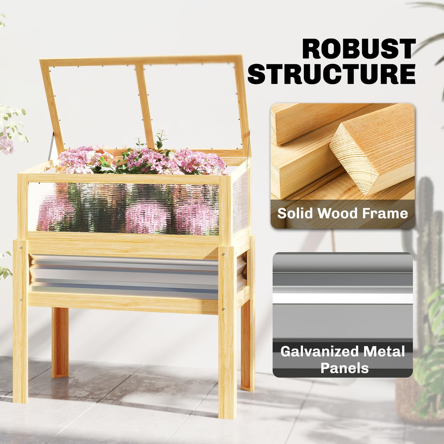 Outsunny Wooden Raised Garden Bed with Flip-Up Greenhouse Top, Raised Garden Bed with Legs and Bed Liner, Elevated Planter Box for Flowers, Vegetables, Herbs, Natural