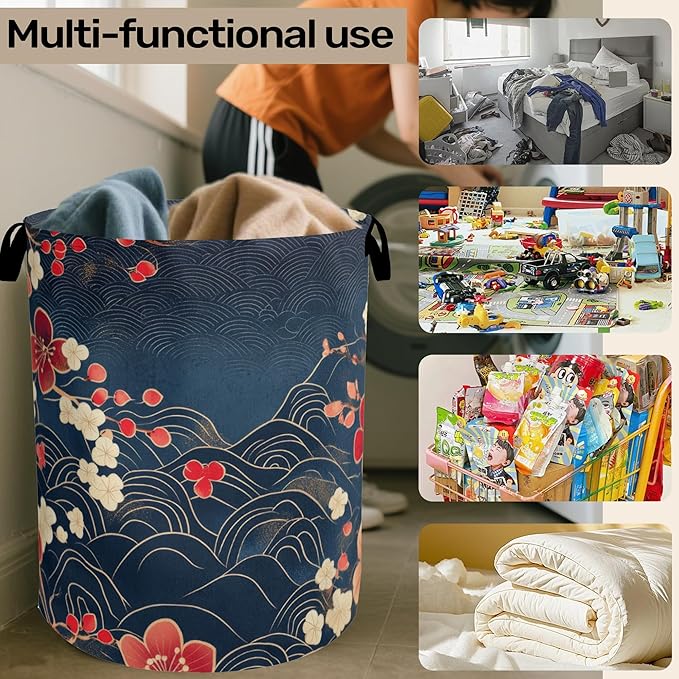 Japanese Cherry Blossom Laundry Basket, Space Saving Foldable Design