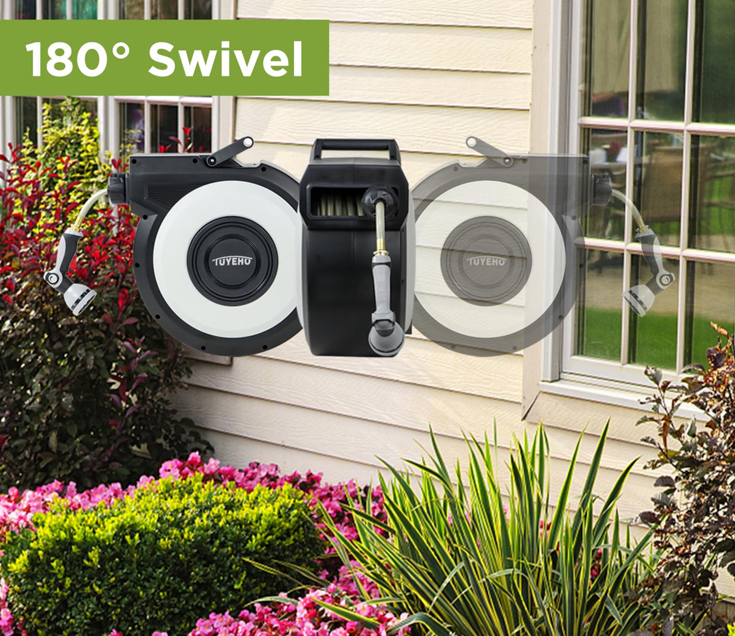 Tuyeho Retractable Garden Hose Reel 100FT, Wall Mount Heavy Duty Water Hose Reels with Automatic Slow Rewind System, Outdoor Hoses Reel with 2 Hose Nozzles for Garden Watering, Car Wash, Pet Shower