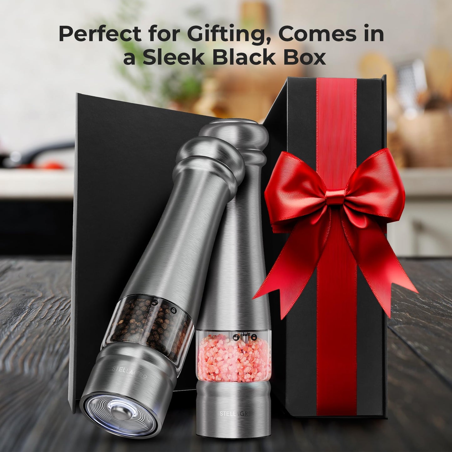 Electric Salt and Pepper Grinder Set, Battery Operated Grinders with Adjustable Coarseness, LED Light, One-Hand Operation, Refillable Stainless Steel Mills