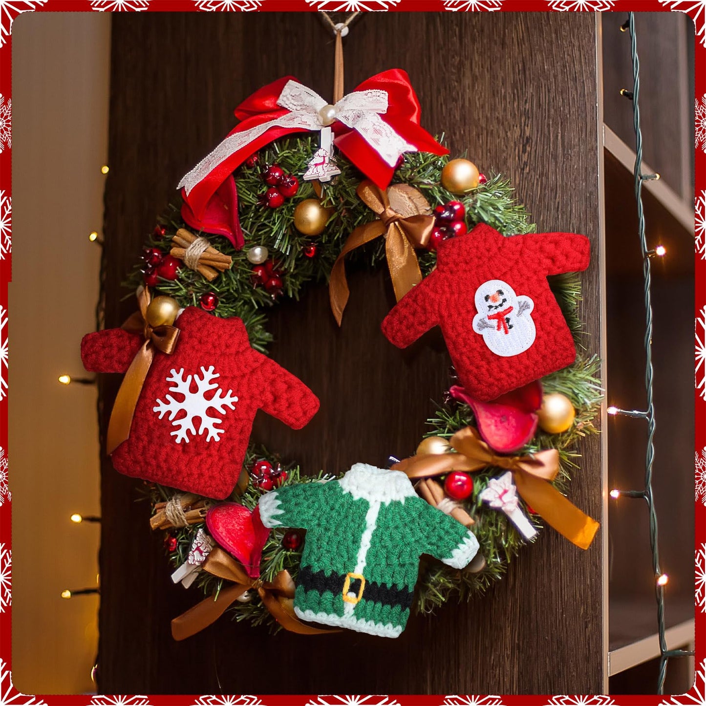 12 Pcs Handcrafted Crochet Ugly Sweater Ornament Christmas Red and Green Ugly Sweater Decorations for Christmas Tree Snowflake Gingerbread Reindeer Santa Hanging Decor for Xmas Winter Party Favors